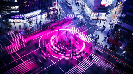 Poster - Aerial view of busy city with people and traffic at night