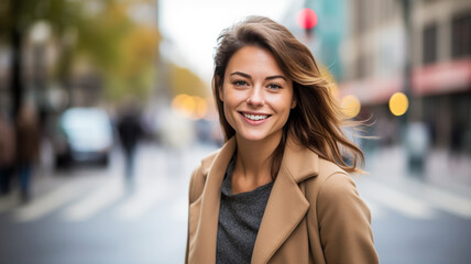 Wall Mural - Portrait of a happy woman in the city