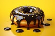 black glazed donut on yellow background. Generative AI