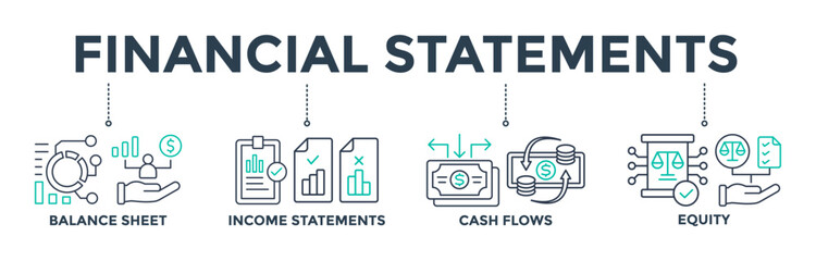 Wall Mural - Financial statements banner web icon vector illustration concept with the icon of graph, balance sheet, pie chart, income statements, money, income, earnings, cash flow, equity, and balance