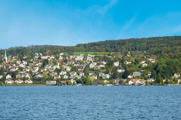 Wall Mural - Swiss houses occupy the mountain slopes amid trees under blue sky, by the lake of Zurich 4