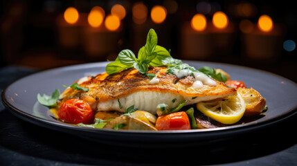 Wall Mural - Grilled Sea Bream Fillet with Vegetables and Herbs