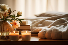 The View Of Lit Aromatic Scented Candles Placed On The Bedside Table To Create Relax Atmosphere In A Bedroom For Resting And Sleeping. Generative AI.