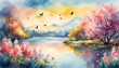 watercolor illustration of a landscape with flowers, branches, trees, river and birds against the sky
