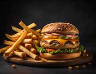 The fresh and delicious cheeseburger with fries on a dark black background.