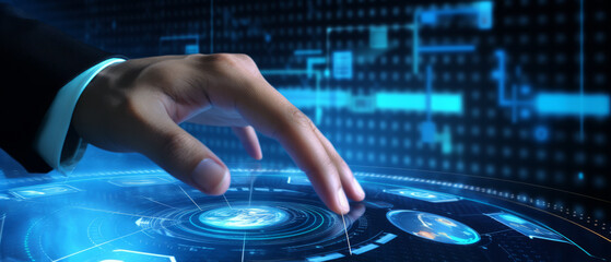 Businessman touches HUD panel, futuristic, blue background.