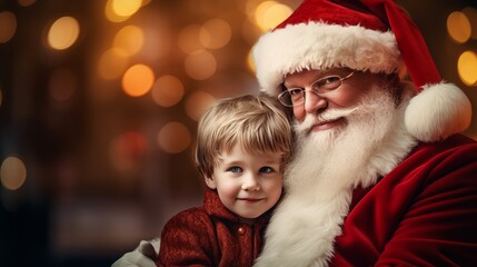 Wall Mural - A child in the arms of Santa Claus near the Christmas tree