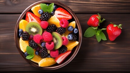 Wall Mural - Healthy mix fruit top view on wood background with copy space 