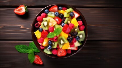 Wall Mural - Healthy mix fruit top view on wood background with copy space 