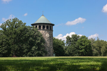 Rockford Tower, a historic stone water tower in Rockford Park in summer, Wilmington, Delaware