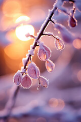 Wall Mural -  Branch Covered with Frost at Sunset Abstract Background