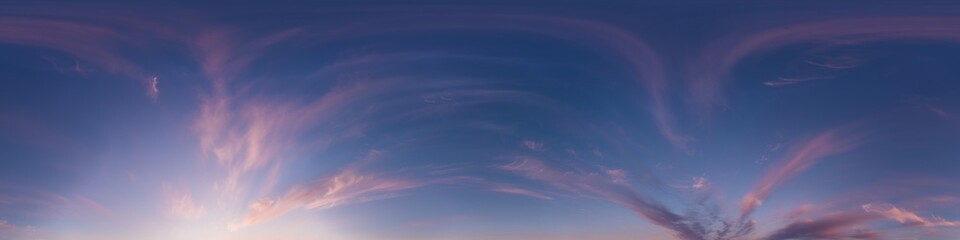Wall Mural - sunset sky panorama with bright glowing pink cirrus clouds. seamless hdr 360 panorama in spherical e