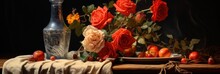 Painting Of Still Life Pottery Bottle With Roses And Flowers, Generative AI