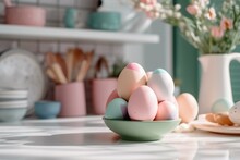 Easter Eggs On A Table In Kitchen. Pastel-colored Painted Eggs, Happy Easter Wallpaper. Illustration. Generative AI