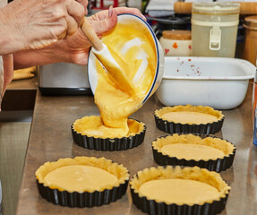 Wall Mural - Pour the batter into small round molds to make cherry pie