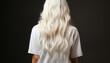 Silky platinum blonde hair cascading down a woman's back, set against a contrasting dark backdrop, highlighting the waves and texture