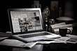 Laptop on a desk with a newspaper and a cup of coffee, laptop and newspapers on black and white background, business still life, AI Generated