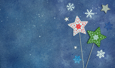 Wall Mural - blue christmas grunge background with stars and snowflakes. christmas holiday celebration.