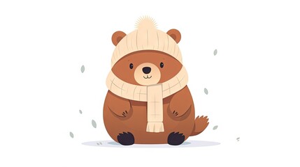 Sticker -  a brown bear wearing a white hat and scarf sitting on the ground.  generative ai