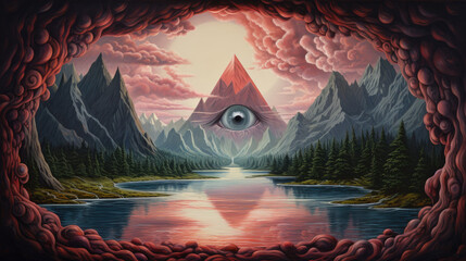 Wall Mural -  a painting of a mountain lake with an all seeing eye.  generative ai