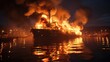 Large cargo merchant ship burns with open flame at sea, fire on a cargo ship