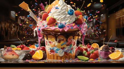 Poster -  a painting of a cupcake surrounded by fruit and confetti.  generative ai