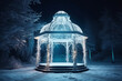 Magic gazebo as made from ice  winter night atmosphere and forest on background generative ai