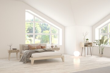 Wall Mural - White bedroom concept. Scandinavian interior design. 3D illustration