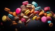  a pile of colorful macaroons on a black background.  generative ai