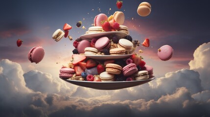 Sticker -  a plate of macaroons flying in the air above clouds.  generative ai