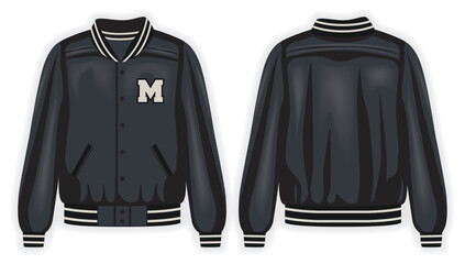 Wall Mural - Black varsity jacket front and back view, vector mockup illustration