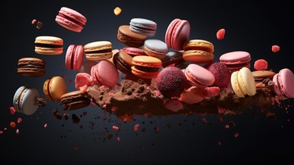 Sticker -  a pile of macaroons and other pastries on a black background.  generative ai