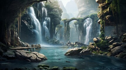  A cascade of waterfalls, gushing down rocky terrains into a serene pool below.