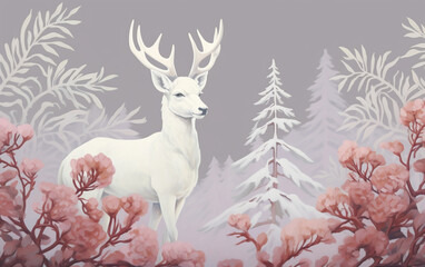 Wall Mural - Illustration of a white deer in winter forest