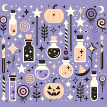 Illustration In A Flat Design Style Illustrating A Pattern Of Modern Halloween Motifs. Featured Are Magical Potions In Glass Bottles, Stars, And Magic