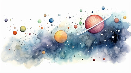 planets in space on a white background, watercolor drawing for children primitive minimalistic poster illustration