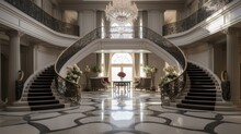A Grand Entryway, With A Sweeping Staircase, Marble Floors, And A Sparkling Chandelier Welcoming Visitors.