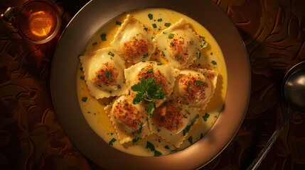 Poster - Italian meat and cheese filled ravioli in butter sauce seen from above