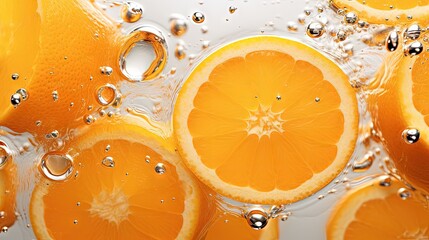 Wall Mural - Macro close up image of juicy ripe orange slices in bubbly water on a white background