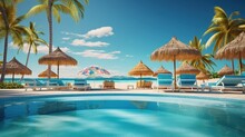 Luxurious Beach Resort With Swimming Pool Beach Chairs Palm Trees And Blue Sky Summer Vacation Concept