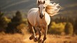 A majestic stallion galloping freely across a meadow, mane flowing in the wind.