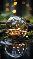 Wall Mural - Minimal composition with glass ball, glass globe ball as decoration of interior. Christmas snow globe. Generative AI