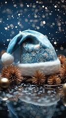 Wall Mural - Santa claus blue hat on Christmas background. Cool Christmas concept. Generative AI