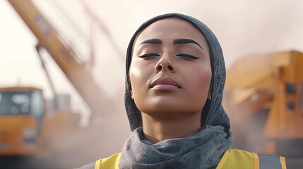 Wall Mural - Engineer women wipe sweat and hot weather at site construction. Beautiful style illustration. Generative AI