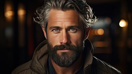 Wall Mural - Close-up portrait of his he nice attractive bearded confident calm brown-haired guy. Man face portrait illustration. Generative AI