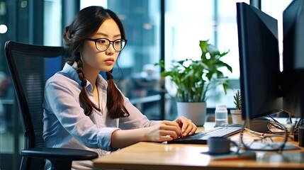 Wall Mural - Portrait of young asian business analyst typing at modern computer sitting at her workplace in light office. Beautiful style illustration. Generative AI