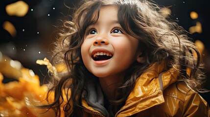Wall Mural - Happy asian little child girl having fun to play with the rain in the evening sunlight in vintage color tone. People portrait illustration. Generative AI