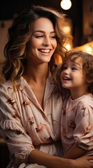 Wall Mural - Woman mama in light clothes have fun with cute child baby girl. Mother little kid daughter on wall background studio portrait. People portrait illustration. Generative AI