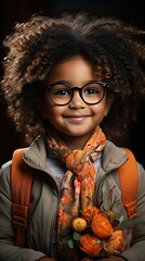 Wall Mural - Funny smiling Black child school girl with glasses hold books on her head. People portrait illustration. Generative AI
