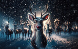Rudolph The Red Nose Reindeer Looking Directly into Camera in North Pole Snowy Winter Wonderland Scene